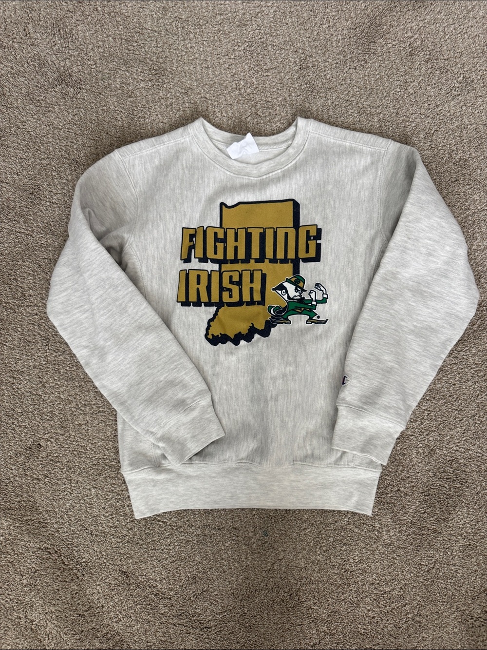 Champion Gray Fighting Irish Graphic Sweatshirt with Gold & Green Print